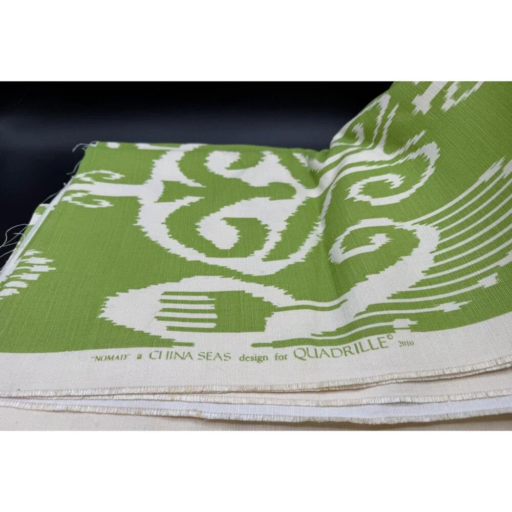 Quadrille Linen Fabric Nomad Green Hand Printed Large Ikat Print